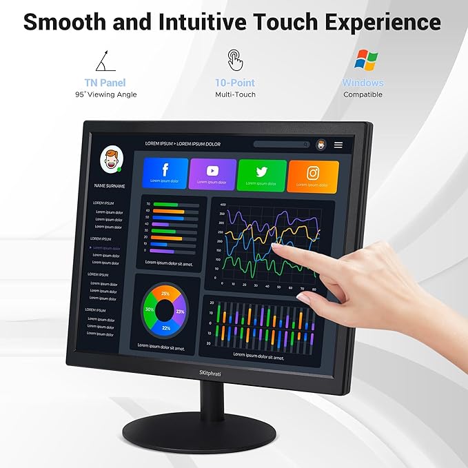 SKitphrati 17" Square 1280x1024 10-Point Multi Touch Screen Monitor with HDMI, VGA, Type B Ports, 75Hz, 5:4 Aspect Ratio, VESA Wall Mountable, PC Touch Monitor for PC POS Machine Windows