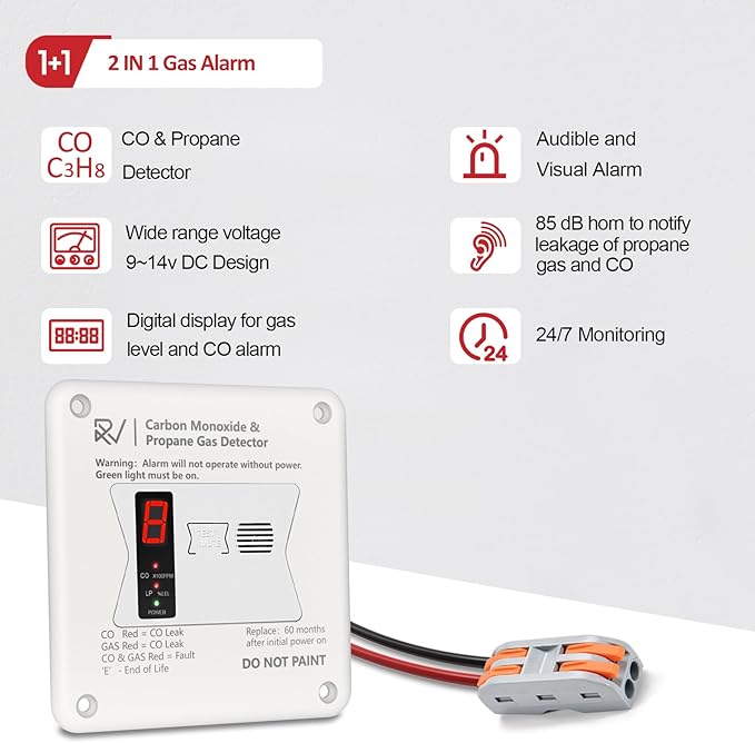 RV Carbon Monoxide and Propane Detector, 2 in 1 Dual CO/LP Gas Alarm,Replace The Old 31011,100dB Loud Alarm,12V DC for Motorhome Travel Trailer, Motor Coach, Truck Camper (R503 Flush Mount-White)