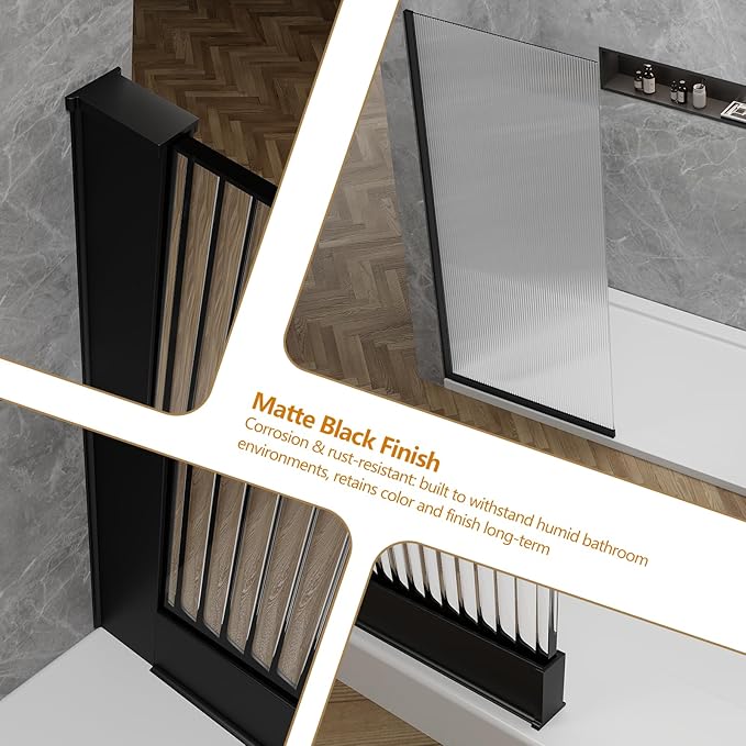 36"x76" Fixed Glass Shower Door, 3/8"(10mm) Thick Fluted Privacy Tempered Glass, Frameless Shower Glass Panel, Shower Screen Half Wall for Walk in Shower, Matte Black