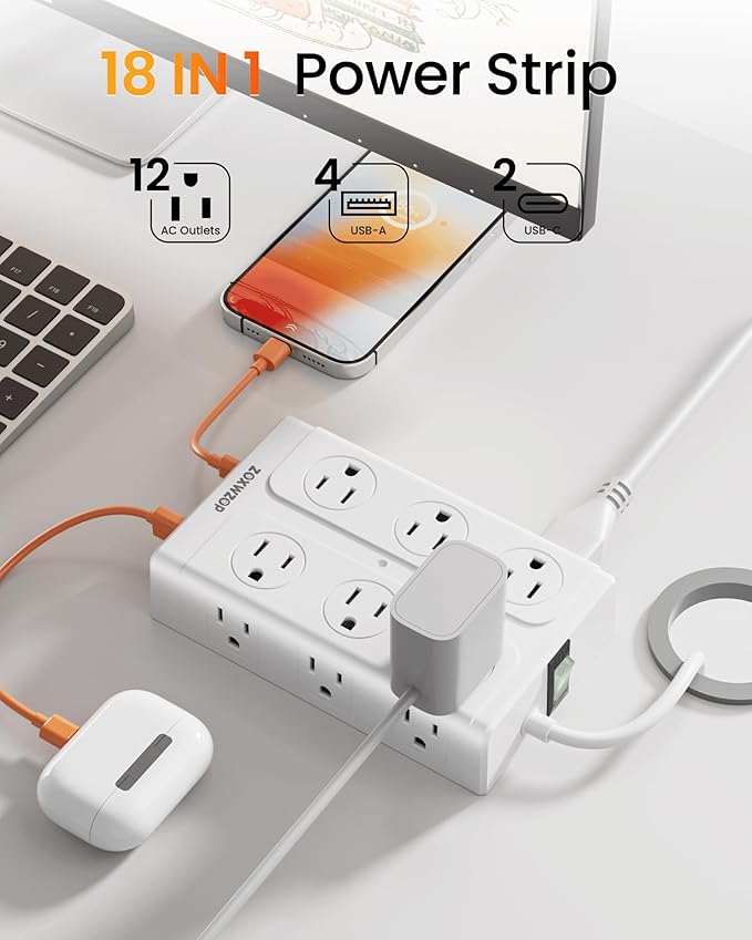 Zoxwzop Surge Protector Power Strip - 12 Outlets(1850W/15A) 6 USB Ports（2 USB C, 6FT Flat Plug Extension Cord, Wall Mount Multi Plug Outlet Extender, ETL Listed for Home, Dorm Room