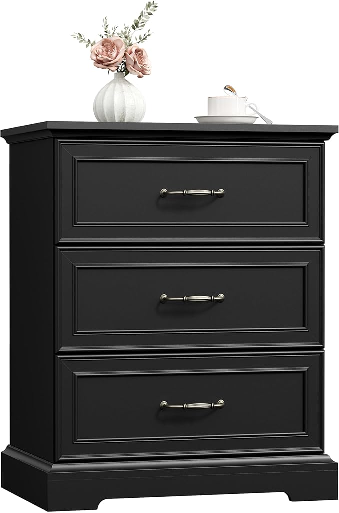 Nightstand with 3 Large Drawers,24" Wide End Table with Metal Handles,Rustic Farmhouse Wood Small Dresser,Bedside Table,Modern Chest of Drawers for Bedroom,Living Room,Black