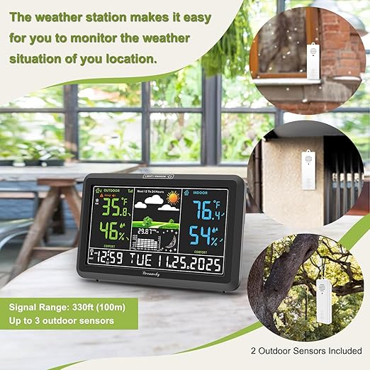 DreamSky Weather Station Indoor Outdoor Thermometer Wireless with Digital Atomic Clock for Home, Large Display with Dimmer, USB, Inside Outside Temperature Humidity Monitor (Adapter Powered)-2 Sensor