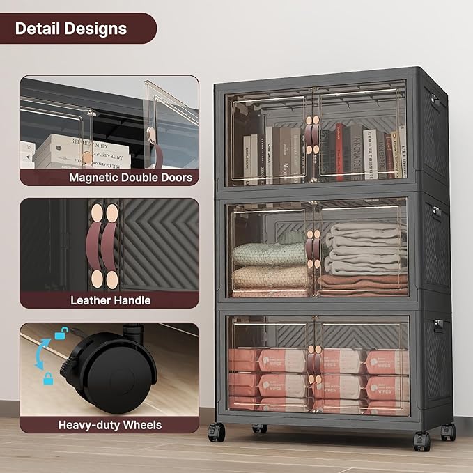 Extra Large Stackable Storage Bins with Lids & Wheels, 330QT-55QT/14GAL*6Pack Foldable Collapsible Closet Organizers Dark Storage Cabinet with Doors for Bedroom Dorm