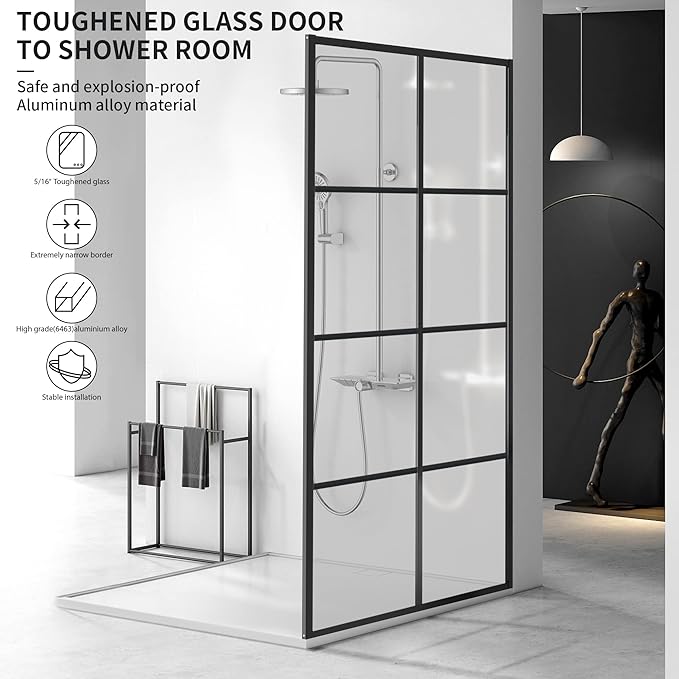 Shower Door Single Panel, Framed Tempered Glass Shower Door 34 * 76 Inch for Walk-in Bathroom, Clear Glass Shower Screen with Matte Black Finish