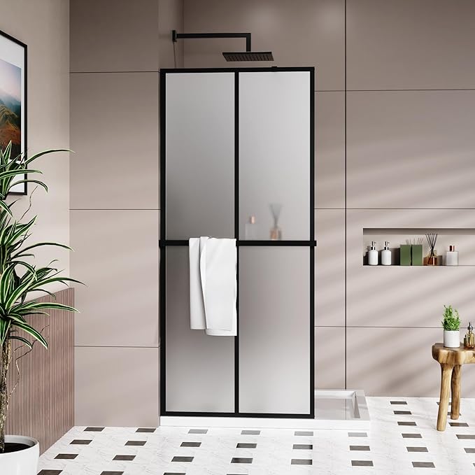 Goodyo 34“ x 72" Shower Door Tempered Glass Shower Screen with Tool Bar Towel Rack for Walk in Bathroom