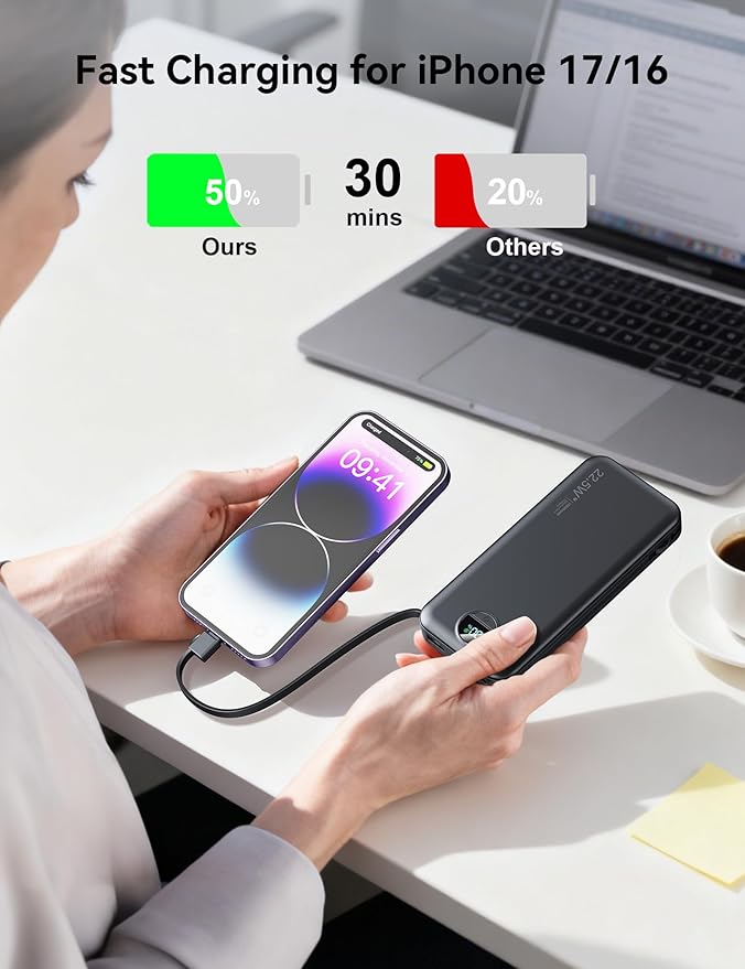 Ultra-Portable-Charger-Power-Bank with Built in Cables&AC Wall Plug,12000mAh PD20W USB-C Fast Charging Cell Phone Charger Battery Pack,LED Display Travel Battery Bank for All iPhone,Samsung,Android