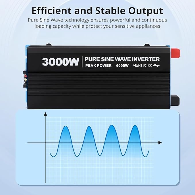 3000W Pure Sine Wave Inverter 1 USB Port 5v/2.1a,LCD Display&Remote Controller for Home, RV, Truck