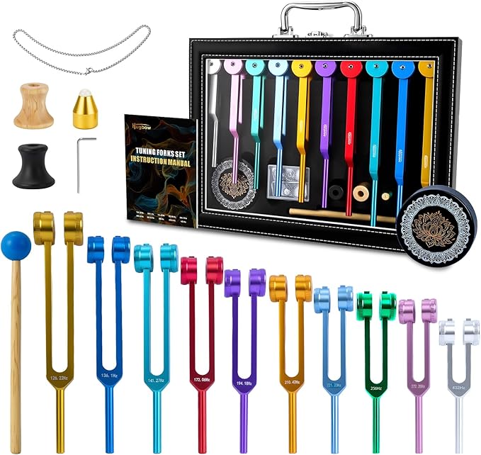 10 PCS Chakra Tuning Fork for Healing, Multi-Color Weighted Tuning Forks, Aluminum Alloy Tuning Forks with Activator & Feet (126.22-432Hz) for DNA Healing, Sound Therapy