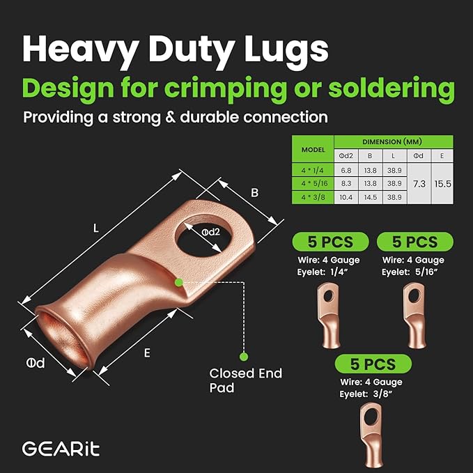 GearIT 4 Gauge Battery Cable - 4 Gauge Wire Kit with 15 Lugs, 20 Heat Shrink Wrap, CCA Wire, Amp Kit, 25 Feet Each (Black/Red)