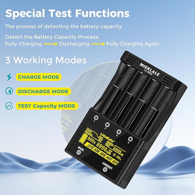 18650 Battery Charger, MIEKLALE 4-Bay Rechargeable Battery Charger with Smart LCD Display, Discharge & Testing Functions for Rechargeable Batteries Li-ion 26650 14500 17500 RCR123,Ni-MH/Cd AA AAA