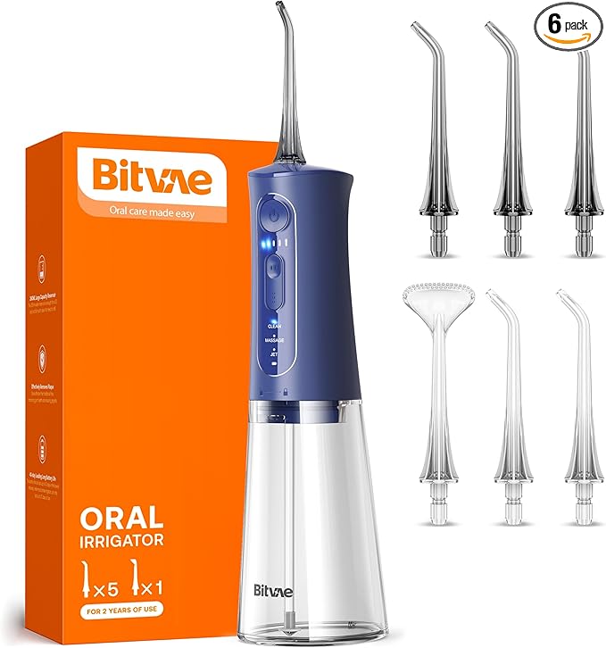 Bitvae Cordless Water Dental Flosser for Teeth, Portable 300ML Water Teeth Cleaner Picks, 3 Cleaning Modes 6 Jet Tips, Water Dental Picks for Cleaning (Midnight Blue)