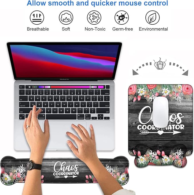 Keyboard Wrist Rest & Mouse Pad Wrist Support Set, Chaos Coordinator Quotes Colored Floral Wreath Print Design Non-Slip Rubber PU Base for Home Office Working Studying Easy Typing & Pain Relief
