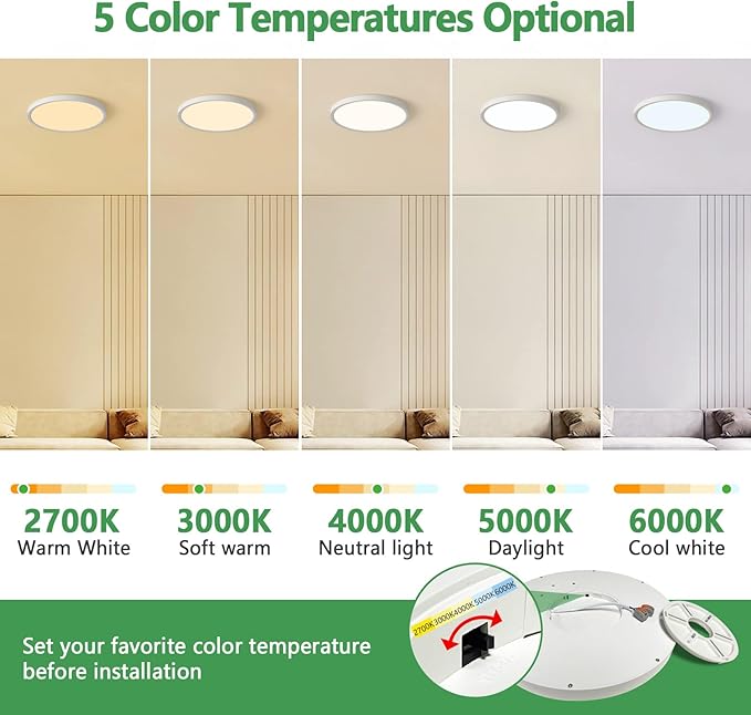 15.8 Inch Dimmable LED Flush Mount Ceiling Light, 32W, 3480LM, 3000K/3700K/4000K/5000K/6000K, Round Flat Panel Low Profile Ceiling Light Fitures for Hallway, Kitchen, Bedroom, 4PK White