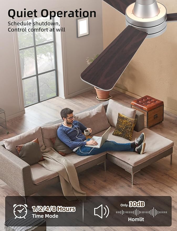Homlit 42 inch RGB Ceiling Fan with Light, Smart App & Remote Control Low Profile Flush Mount, Music Sync Lighting, 6-Speed Quiet Reversible DC Motor, 4CCT Dimmable for Home Office Party, Silver