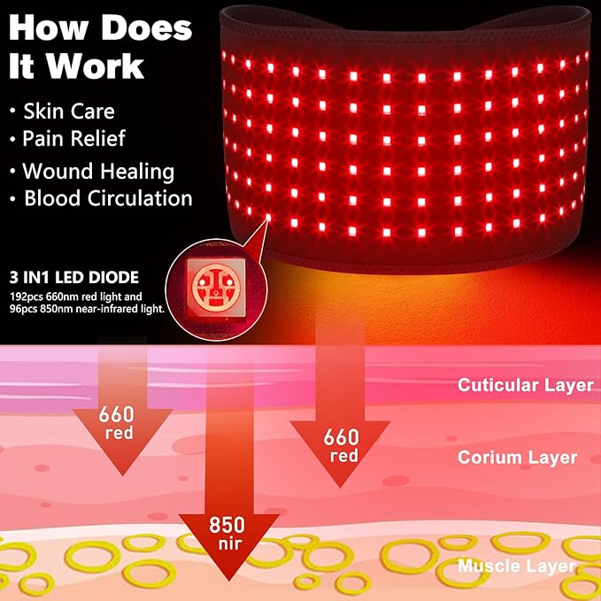 Cordless Rechargeable Red Light Therapy Belt, Wearable Infrared Light Therapy with Pulse Mode, Removable 4000 mAh Battery 5 Light Intensities to Relieve Back Body Pain