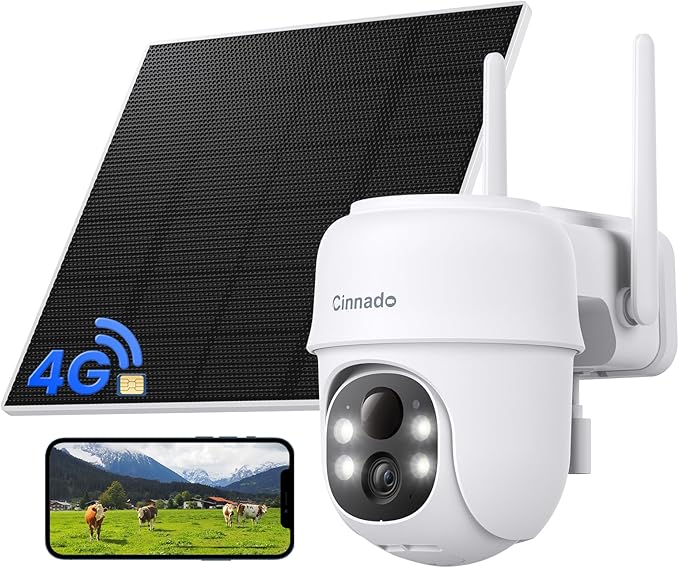 Cinnado 4G LTE Cellular Security Camera-No WiFi Outdoor Camera Wireless with 5W Solar Panel, 2K 360° Color Night Vision, PIR Motion, TF Card Storage, Works with Alexa, SIM Card Included, B6 4G 1P