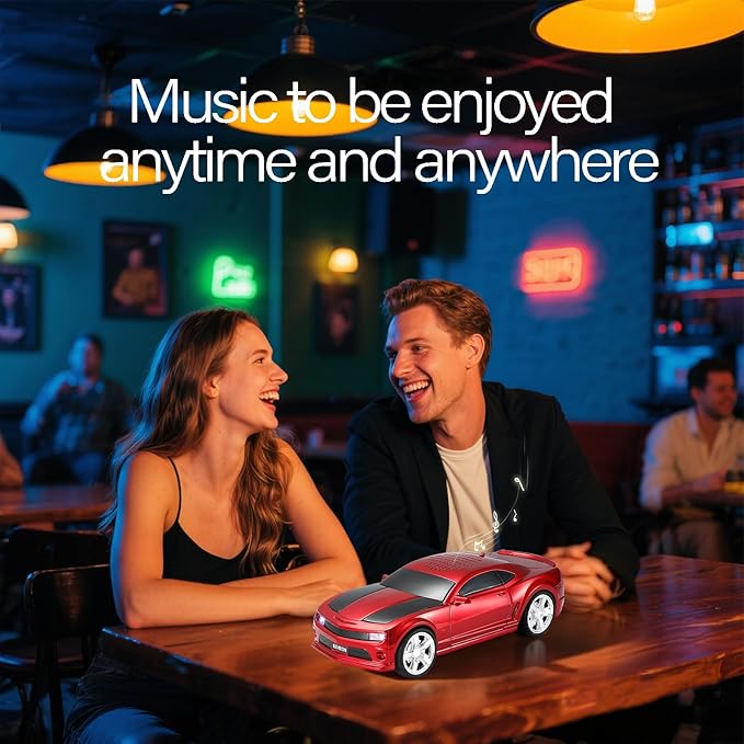 WSTER Sports Car Model Bluetooth Speaker with Stereo Sound, TWS Pairing, LED Party Lights, USB/TF Playback, Movable Wheels, Unique Retro Car Gifts (RED)