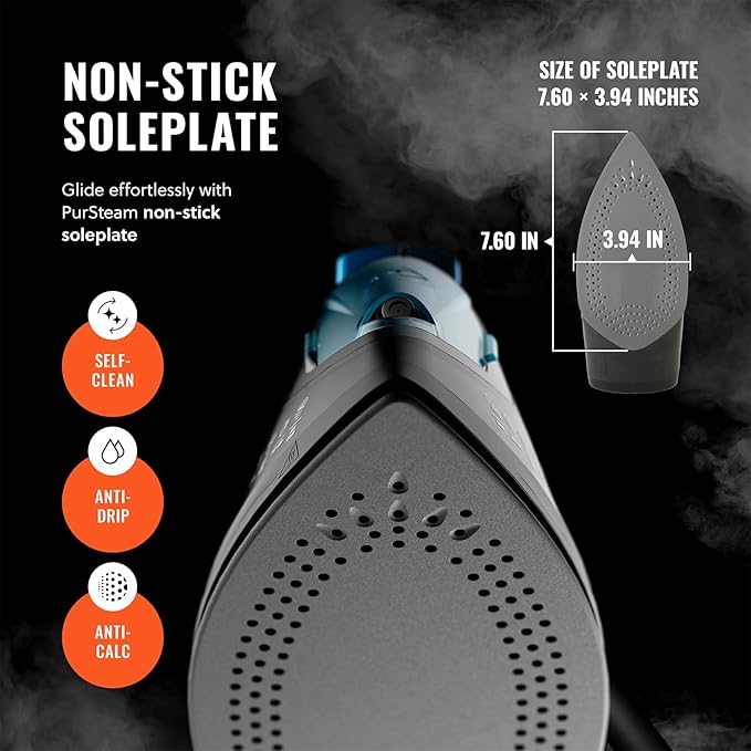 PurSteam Professional 1250W Steam Iron | Powerful Steamer with Burst of Steam & Spray | Non-Stick Soleplate, Easy Temperature Control & Auto Shut-Off