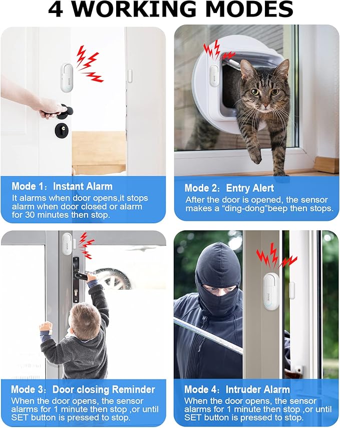 SanJie Adjustable Volume Door Alarm Sensor for Home Security & Child Safety, 120dB Burglar Alarm with 4 Modes - Wireless Window & Entry Alert for Pool, Office, Shop, Business