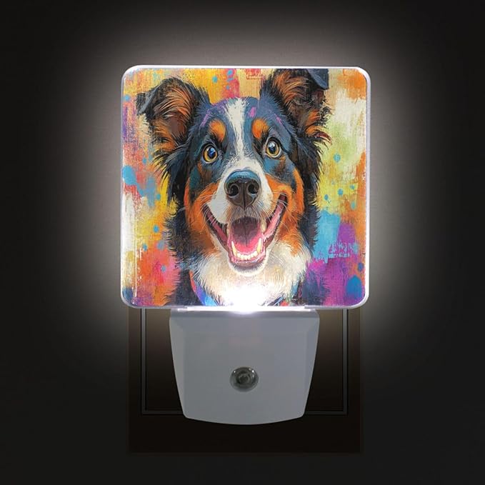 Pigsaly Led Night Light Colorful Australian Shepherds Dog Night Light Plug in Wall Lamp Smart Dusk to Dawn Sensor Nightlight Led Lamp Energy Saving Lights Gift for Kids Room Bedroom Bathroom Hallway