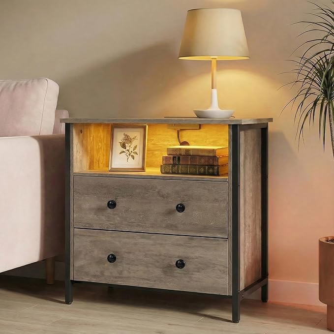 Tykacna 27 Inch Wide Night Stand, Lrage Wood Night Stand Set 2 with 2 Drawers, LED Nightstand with Charging Station and Adjustable Drawer, Bedside Table for Living Room/Bedroom/Study/Office, Gray.