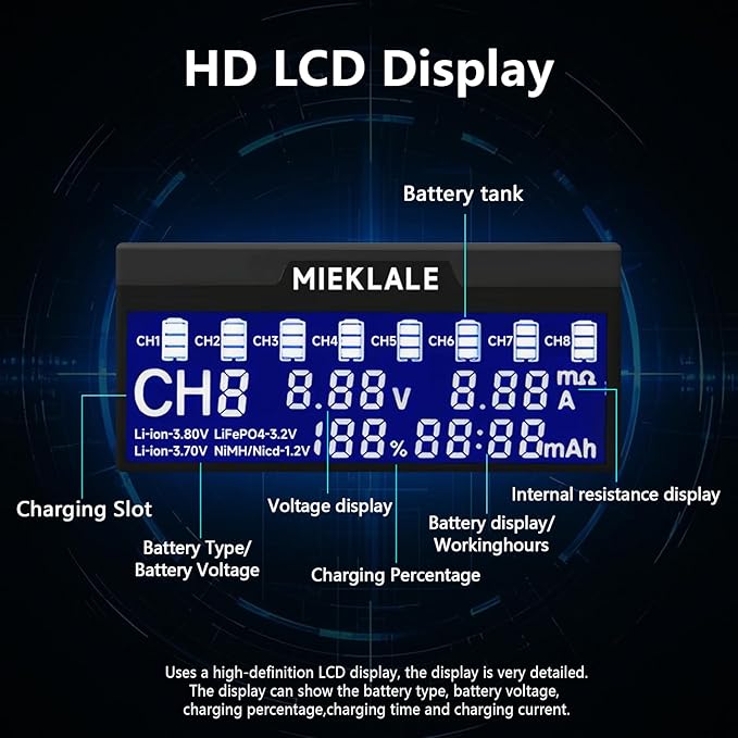 18650 Battery Charger, MIEKLALE 8+2 Bays Smart Universal Battery Charger with LCD Display for Rechargeable Batteries Li-ion LiFePO4 RCR123 16340 26650 10440 14500 & 9V, NiMH NiCd AAA AA(8+2Slots)