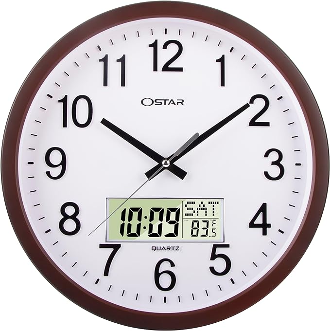 OSTAR 14" Large Analog Digital Display Wall Clock Silent Non-Ticking, Day of The Week Temperature Battery Operated Clock for Living Room Bedroom Kitchen