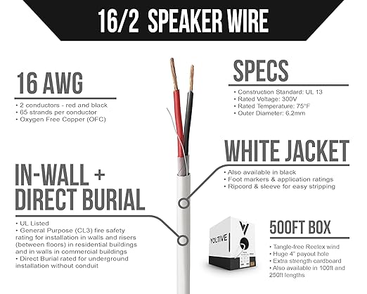 Voltive 16/2 Speaker Wire, in-Wall CL3 & Direct Burial, White, 500ft - 16AWG, 2 Conductors, Stranded Oxygen-Free Copper, UL Listed - V-1210-6