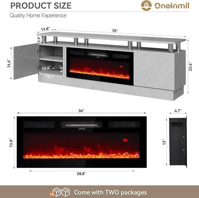 oneinmil 36" Electric Fireplace Integrated TV Stand - 70" 2-Tier Console for TVs up to 80", Ideal for Living Room Settings, Gray