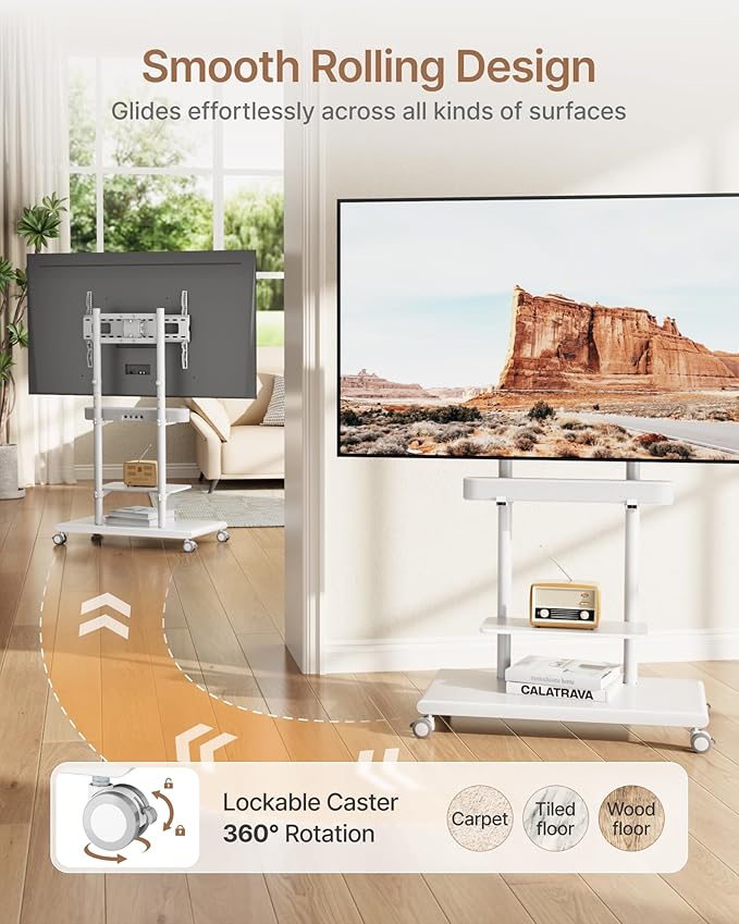 ECOTINY Steel Base Rolling TV Stand with Soundbar Mount for 50-90 inch TVs up to 154lbs, Swivel&Tilt Mobile TV Stand with Large Storage, Height Adjustable Heavy-Duty TV Cart, Max VESA 600x400mm, White