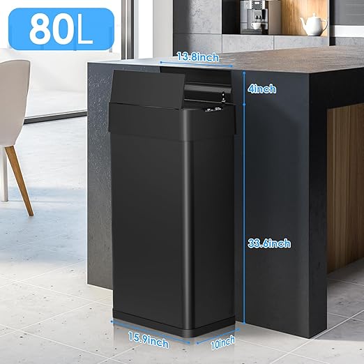 Arlopu 21.1 Gal Automatic Trash Can, 80L Stainless Steel Motion Sensor Garbage Bin, Touchless Brushed Wastebasket, W/Butterfly, Soft-Close Lid, for Living, Dinning Room, Kitchen (Black)