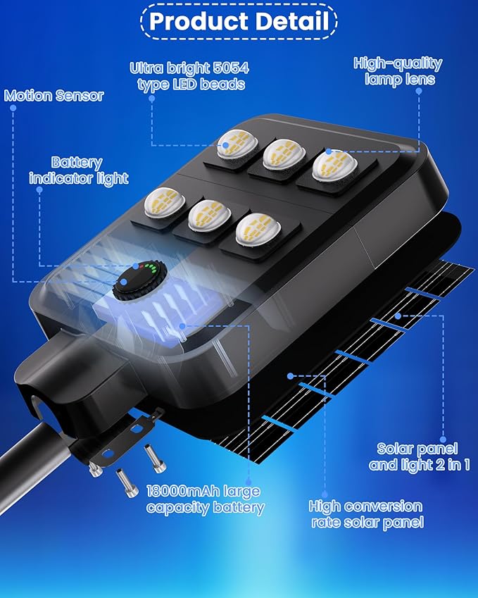 Gefolly G-5000W Solar Street Light Outdoor, Wide Angle Commercial Parking Lot Light Dusk to Dawn 6500K IP67 Flood Security with Motion Sensor Lamp for Yard, Basketball Court