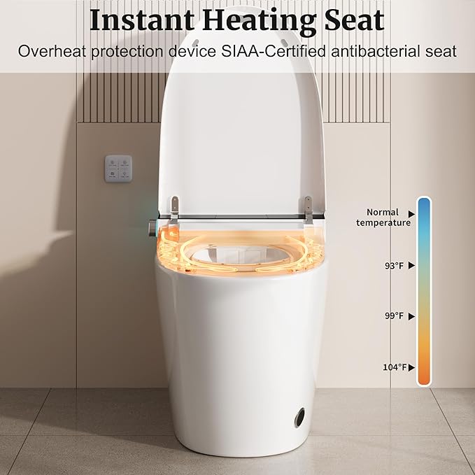 Smart Toilet with Elongated Heated Seat, Auto Flush, Manual Soft-Close Seat & Lid, Night Light, Electric Tankless Toilets with Dual Flush 0.8/1 GPF, MAP 1000g