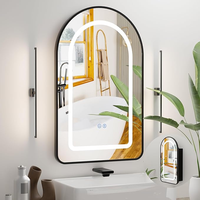 LED Arched Bathroom Medicine Cabinet with Mirror, No Assembly Needed, Recessed or Surface Mount Wall Storage Cabinet, Mirror Cabinet with Tissue Slot (Black-LED, 31.5" L x 19.7")