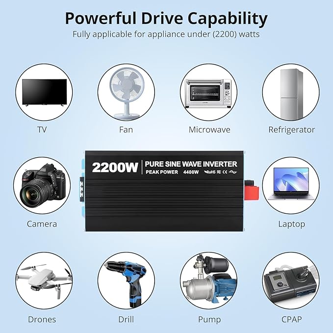 2200W Pure Sine Wave Inverter,1 USB Port 5v/2.4a,LCD Display&Remote Controller for Home, RV, Truck
