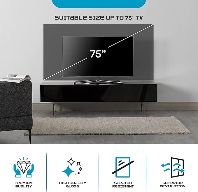 SONOROUS ST-360 Premium TV Stand for Living Room – Modern TV Stands & Entertainment Center with Storage – Black Glass & Black Wood Cover – Luxury Media Console with Metal Legs for TVs up to 75 inches