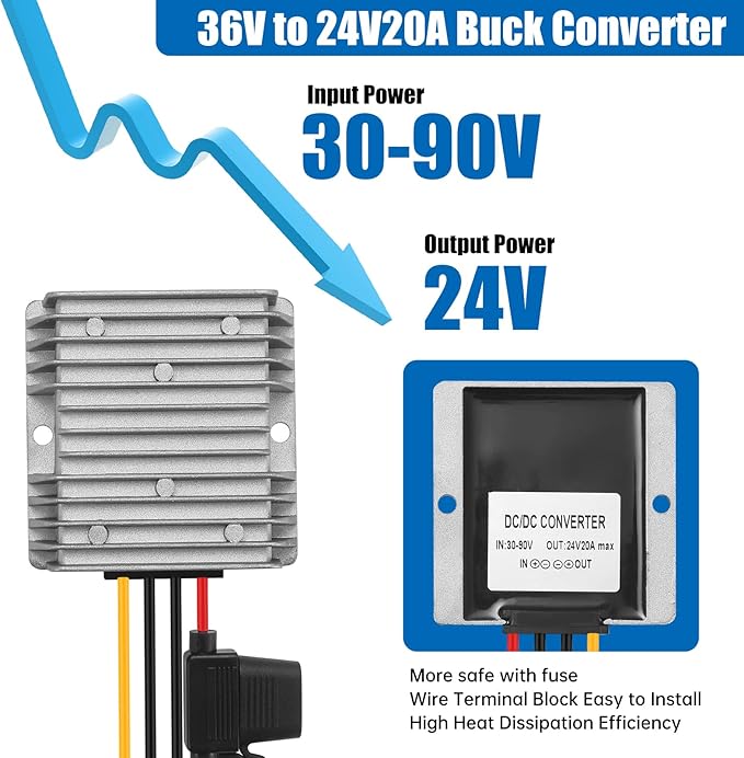 BEYIMEI DC 30V-90V to 24V 20A 480W Waterproof Step-Down Power Converter DC Step-Down Transformer Power Supply Converter for CNC Equipment, Switching Solar Panels, and Other Step-Down Applications