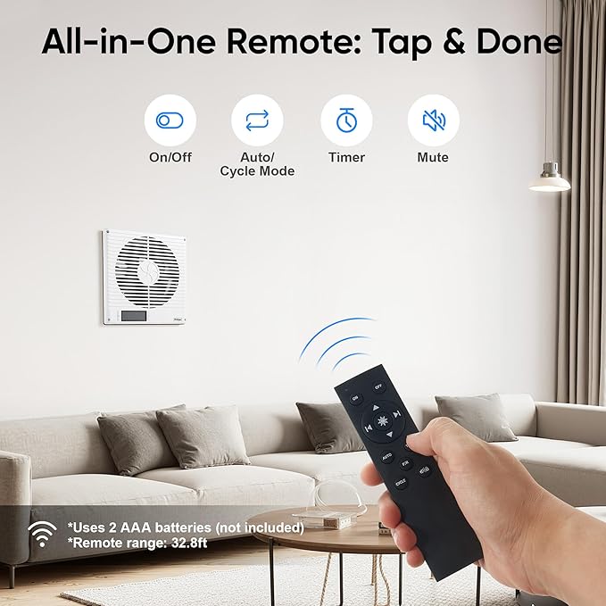 Windigaga 8" Room to Room Fan with Remote, 320CFM Through Wall Air Transfer Fan with Temperature Control, Reversible Airflow Design, 10 Speeds, Quiet Balance Exhaust Vent for Bedroom, Laundry,Kitchen