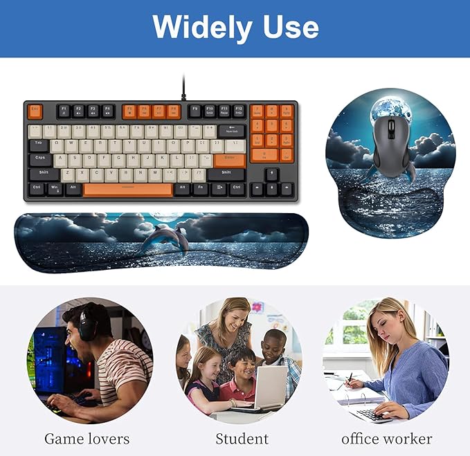 Keyboard Wrist Rest + Mouse Pad Wrist Support Set with Coasters, Non-Slip PU Base Ergonomic Mousepad for Home Office Working Studying Easy Typing & Pain Relief, Dolphin
