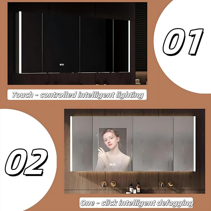 Fashionable Bathroom Vanity with Sink, Smart One-Click Defogging & LED Light, Bathroom Sink and Cabinet with Wave Striped Panel, Rockslab Countertop (Mirror Cabinet, 52IN)