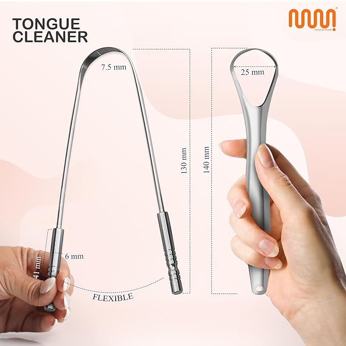 MasterMedi Tongue Scraper with Multicolor Cases (2 Pack), 100% Stainless Steel, Reduce Bad Breath, Easy to Use Tongue Scraper for Adults, Tongue Cleaner for Oral Care & Hygiene