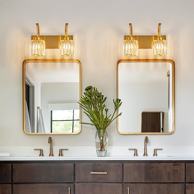 FDPBY Bathroom Crystal Vanity Lights 2-Light Gold Wall Lamp Modern Crystal Bathroom Light Fixtures Over Mirror 13.77" Long Wall Sconce