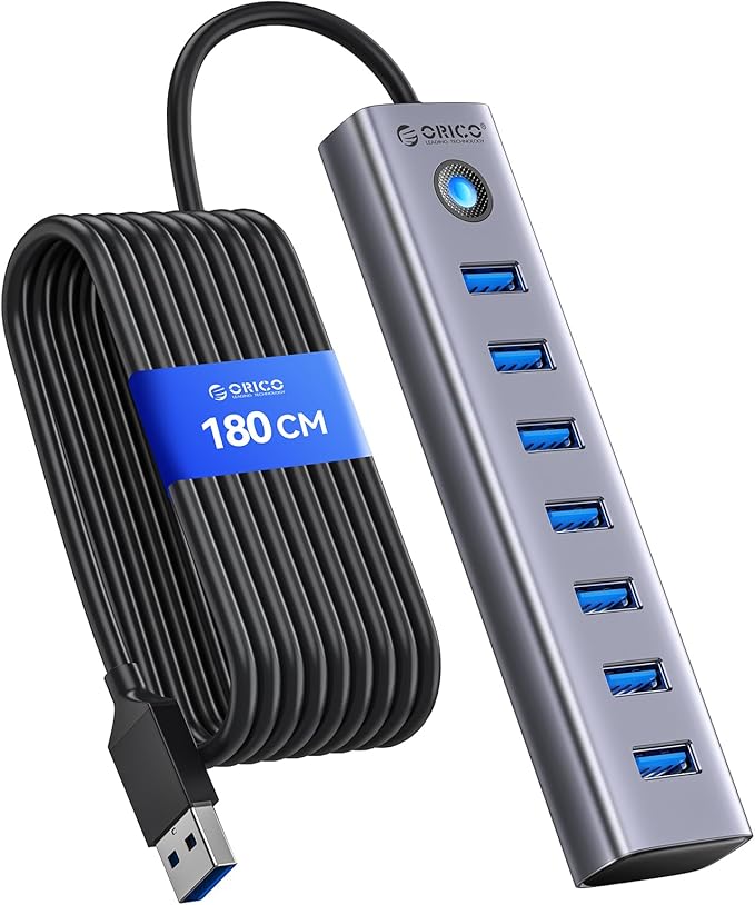 ORICO 7-Port USB 3.0 Hub, Aluminum USB Multiple Adapter, 5Gbps USB Extender USB Splitter with 6Ft Cable, UBS-A Hub Long Cable for Desktop, PC, Flash Drive, Mobile HDD, Windows/XPS