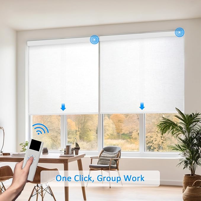 COOLWINDS Motorized Blinds with Remote Cordless Automatic Motorized Shades Custom Blinds for Windows Smart Curtains Compatible with Alexa Google Home(Light Filtering Cloud White,W53 x H72in)