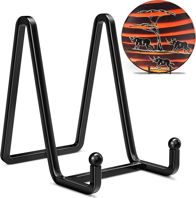IPAME 4 Pack Plate Stands for Display - 4.5 Inch Metal Square Wire Plate Holder Display Stand + Picture Frame Stand Holder Easel for Book, Decorative Plate, Plaque, Photo, Platter (Black)