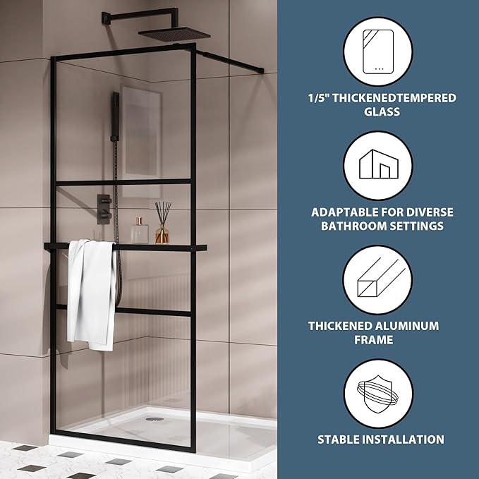 Goodyo 34" x 72" Shower Door Tempered Glass Shower Screen with Tool Bar Towel Rack for Walk in Bathroom 3-Grid Style