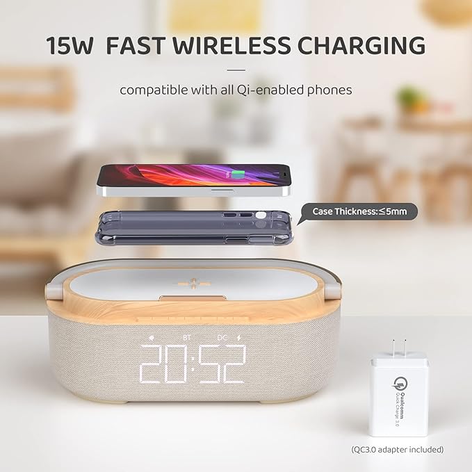 COLSUR Bluetooth Speaker Alarm Clock with Wireless Charger, FM Radio, Adjustable LED Night Light, 6 in 1 Bedroom Portable Speaker 2500mAh, Phone Stand for Bedside, Home, Office, Gift (Wood)