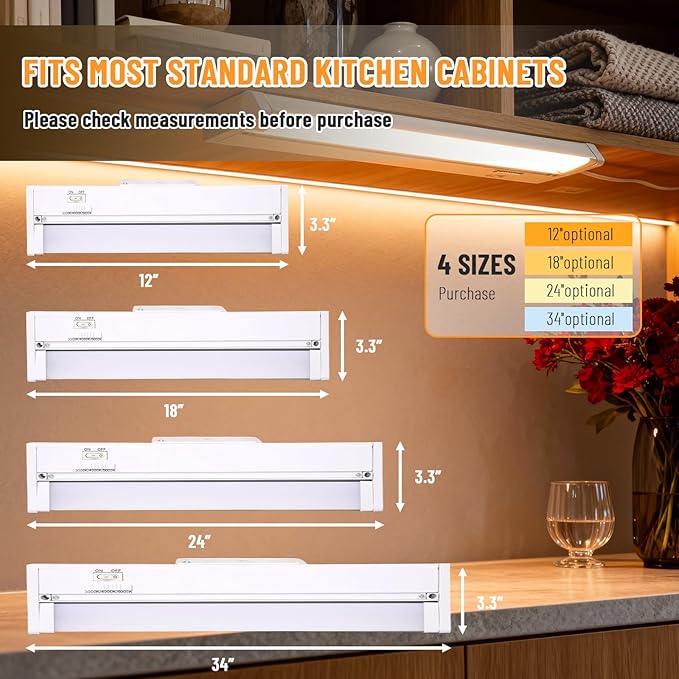 Snyloe 4 Pack 34" LED Under Cabinet Lighting Hardwired, 22W 1800LM 3CCT Adjustable (3000K/4000K/5000K), Plug-in Hardwired, Linkable Up to 10 Lights, 45° Rotatable Design