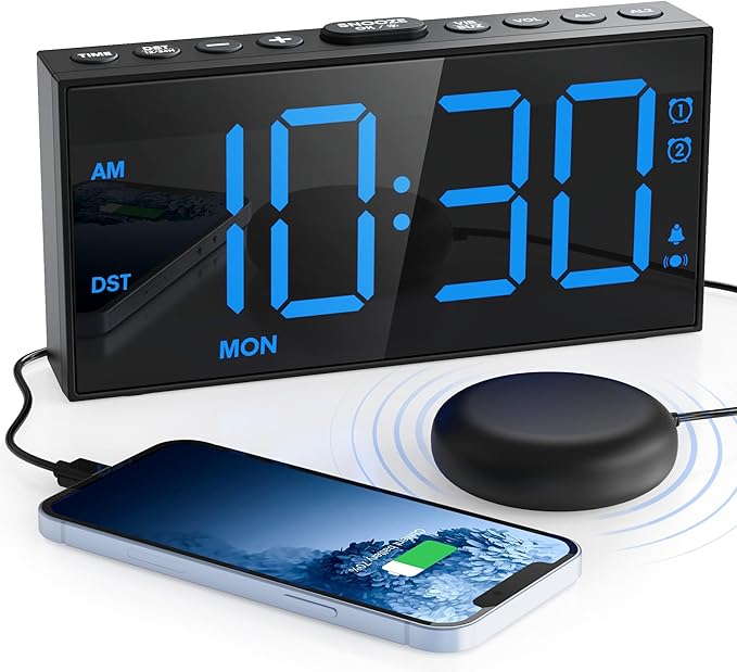 Mesqool Loud Alarm Clock for Heavy Sleeper, with Vibration for Hearing Impaired Deaf, Annoying Clock for Bedroom,USB Port,Dual Alarm with Snooze
