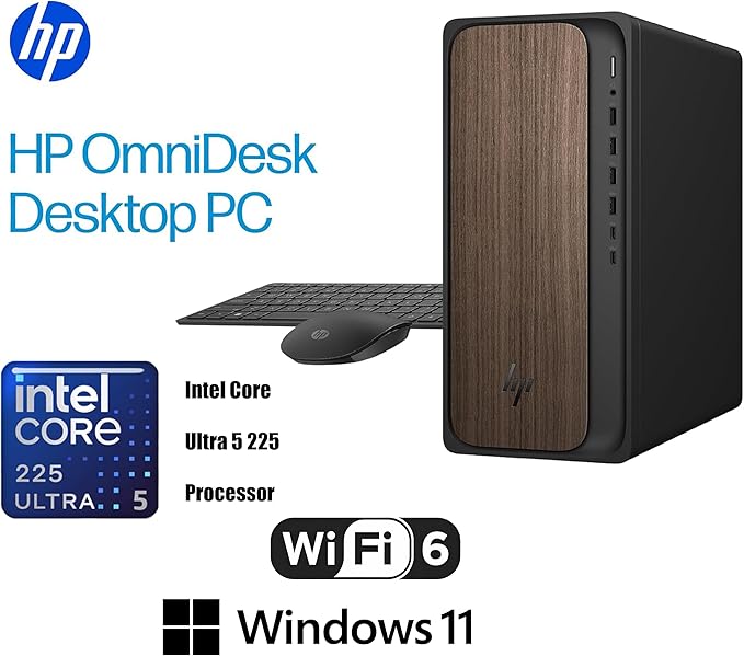 HP 2025 OmniDesk M03 Premium Business Next Gen AI Desktop Computer Intel Core Ultra 5 225(Up to 4.9GHz), 16GB DDR5 RAM, 256GB PCIe SSD,+ 1TB HDD Wi-Fi 6, HDMI, DP, 2-Monitor Support 4K, Windows 11